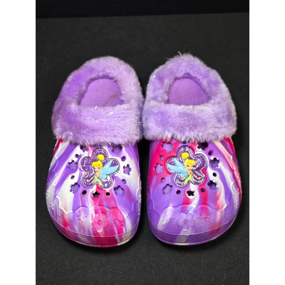 Disney Fairies Tinker Bell Girls Purple Pink Marble Faux Fur Lined Clogs Size 10